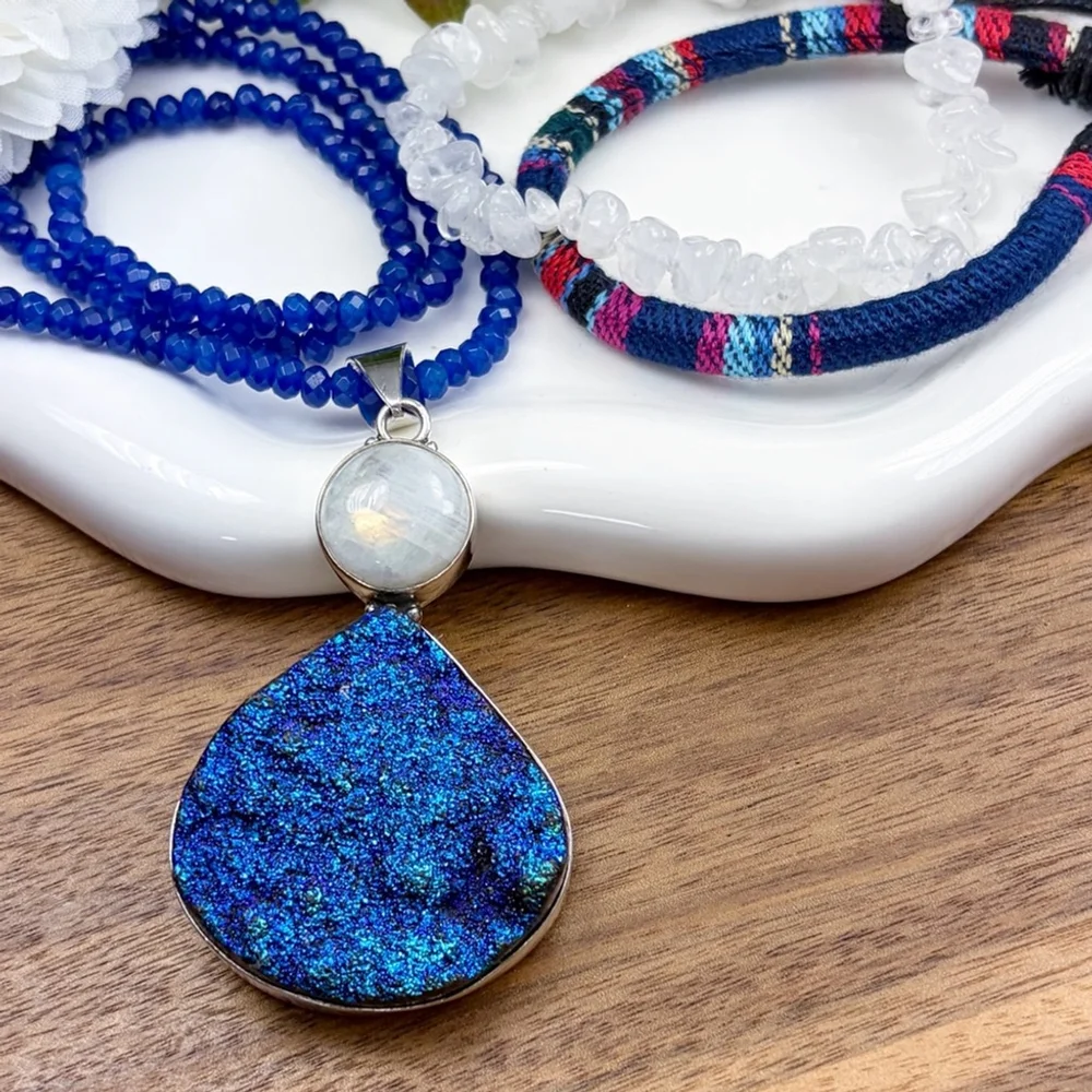 Genuine Titanium Druzy Quartz Moonstone Pendant Necklace Jewelry Set Lot 925